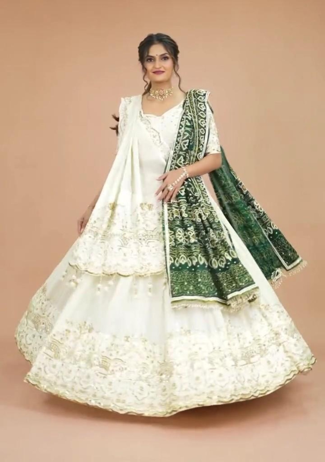 White & Emerald Embroidered Lehenga