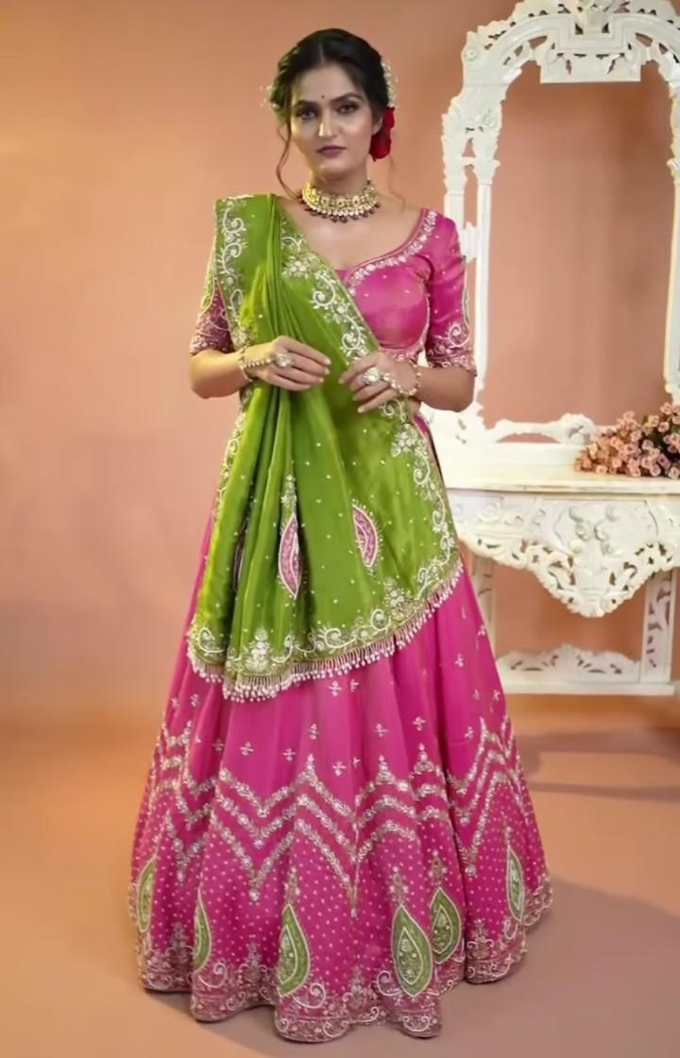 Green & Pink Celebration Lehenga